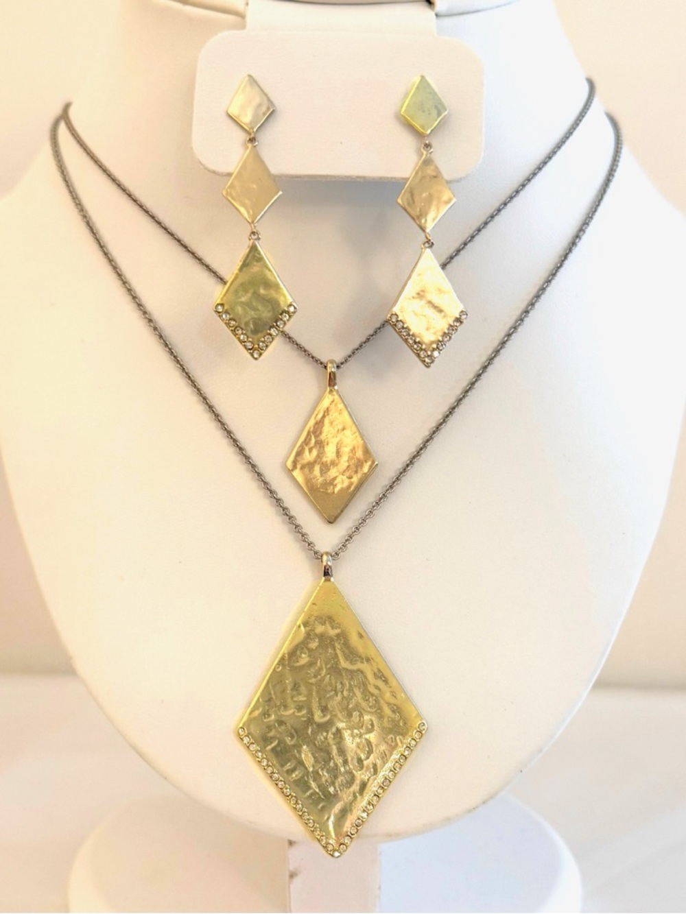 LOFT Gold Tone Statement Hammered Dual Necklaces & Earring Set with Rhinestones